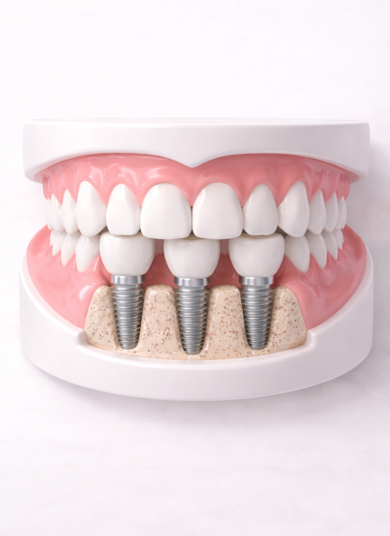 Modelo dental con implantes en mandíbula